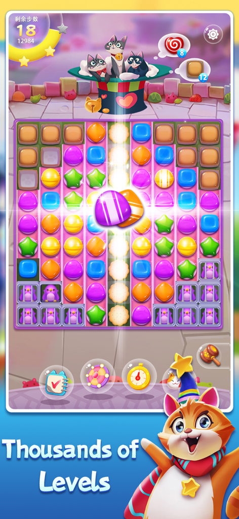 Match 3 puzzle gameplay in Candy Cat with colorful candy pieces and cute kittens