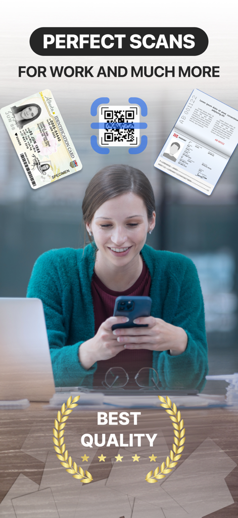 Cam Scanner: Smart Scan to PDF - A professional woman using the cam scanner app to digitize an identification card a passport and a QR code