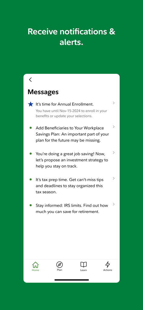 NetBenefits - Schermata dei messaggi dell'app Fidelity NetBenefits che mostra avvisi per benefit e iscrizione