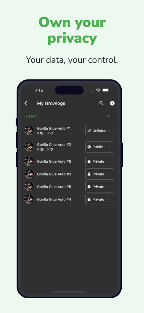 Grow with Jane app screen showing privacy controls for cannabis cultivation logs