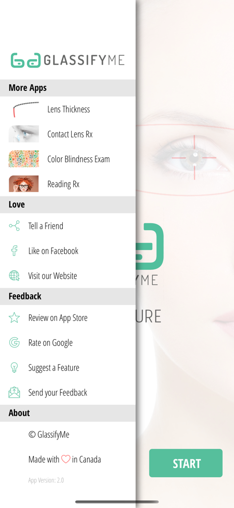 Pupil Distance PD Measure - Sidebar menu of the Pupil Distance PD Measure app displaying additional tools and feedback options