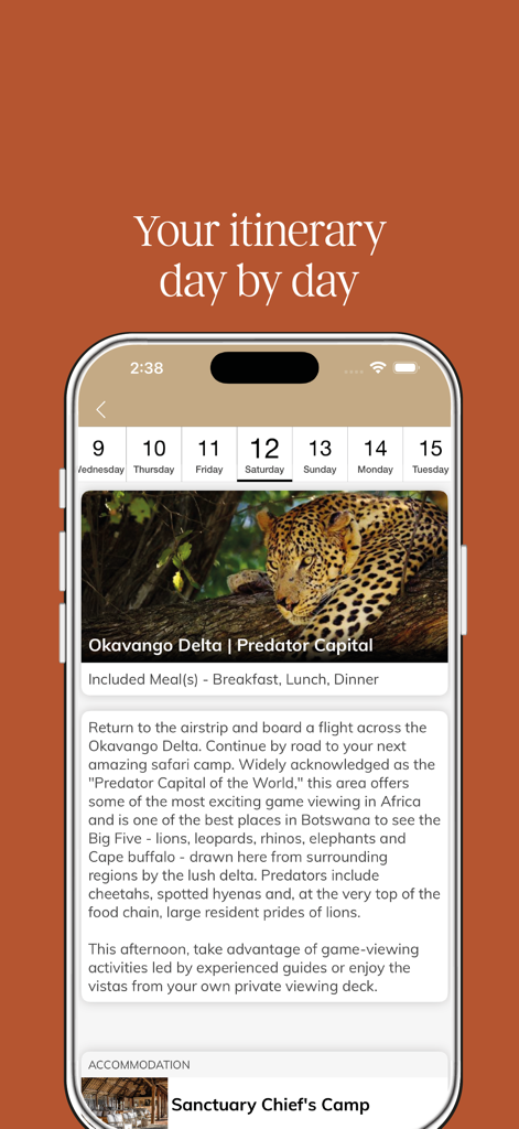Abercrombie & Kent - App Abercrombie and Kent che mostra un itinerario di viaggio dettagliato giorno per giorno per un safari di lusso