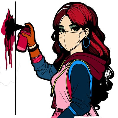 realistic girl with mask spray painting a wall