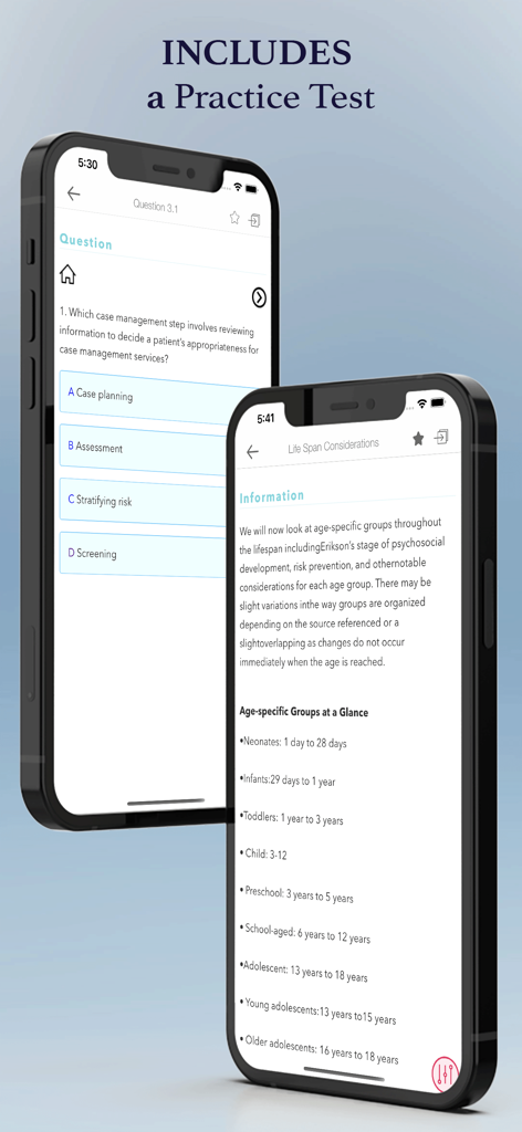 CCM Certification Made Easy - Two smartphones displaying a CCM certification practice exam question and age specific study material