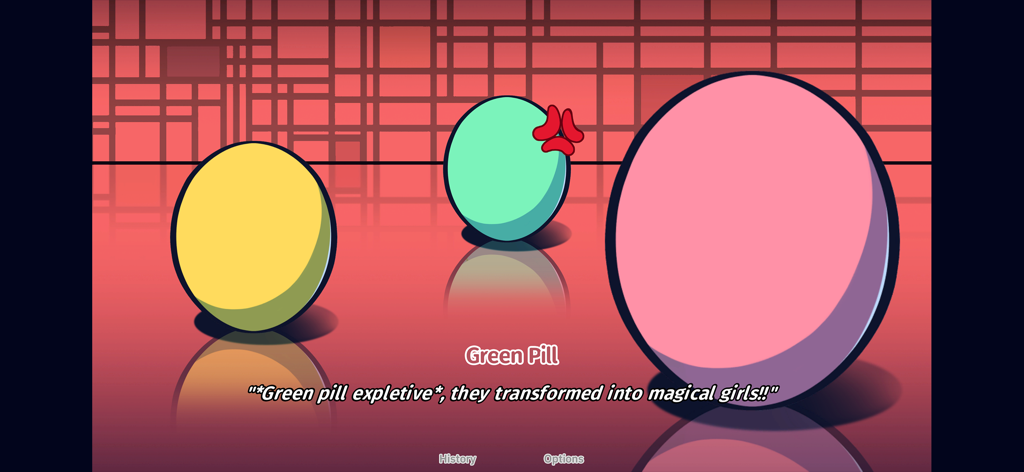 The NOexistenceN of you AND me - 赤いシュルレアリスティックな部屋にカラフルな3つの球体があり、ゲームの会話では緑のピルと魔法少女について言及されている。