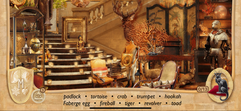 Gameplay screenshot of Romance Hidden Object Games featuring a cluttered room with antiques and a list of items to find