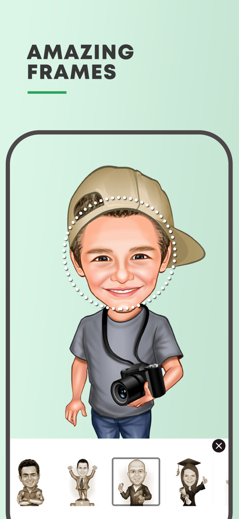 Face Caricature -Cartoon Photo - Uma caricatura de um menino com uma câmera e um boné mostrando o recurso Molduras Incríveis no aplicativo Caricatura Facial
