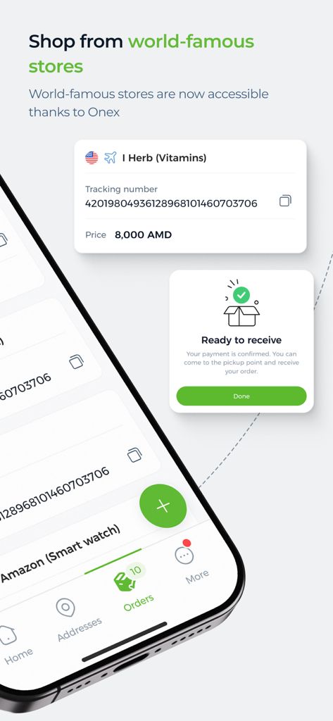 ONEX - Online Express - ONEX mobile app interface showing international order tracking for iHerb and a package ready for pickup notification