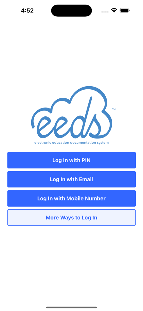 eeds Mobile - Login screen of the eeds Mobile app displaying multiple sign in options for healthcare professionals