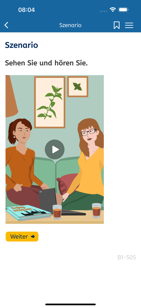 B1-Deutsch - B1-Deutsch app screenshot showing a video lesson scenario with two women