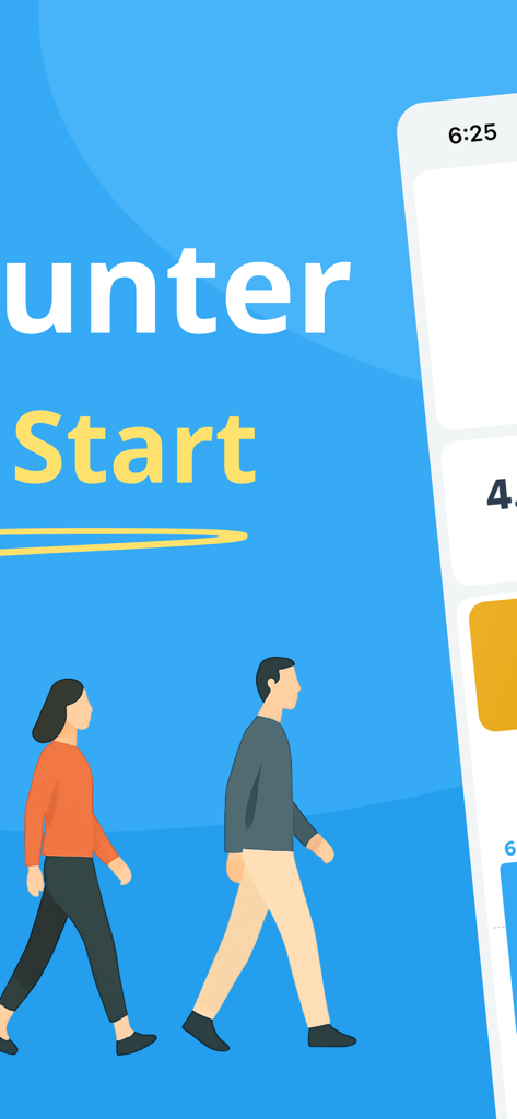 Illustration von zwei Personen, die neben einem Mobiltelefon gehen, das die Benutzeroberfläche der Schrittzähler-App anzeigt.