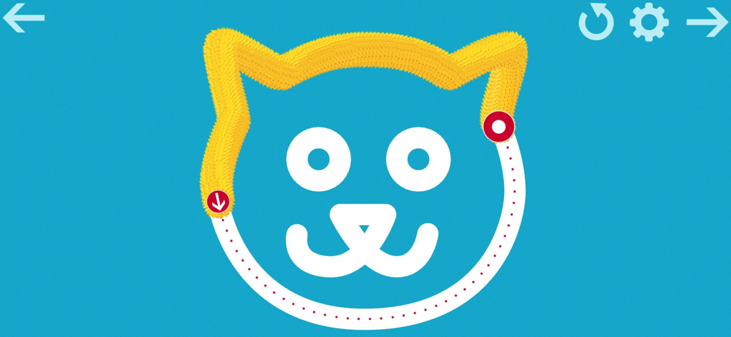 A child tracing a cat face shape using a yellow textured line in the Writing Wizard educational app
