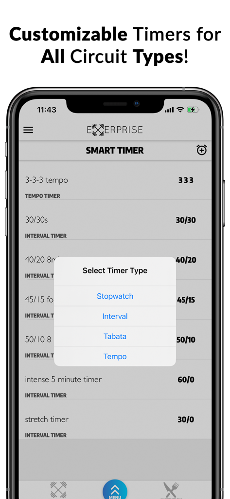 Exerprise Workout Meal Planner - Exerprise app smart timer menu showing options for stopwatch, interval, tabata, and tempo workouts.