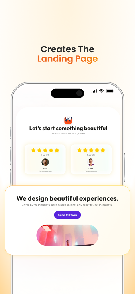 Nas.io - Une interface mobile de l'application Nas.io affichant une page de destination générée par l'IA avec des témoignages clients et un bouton d'appel à l'action.