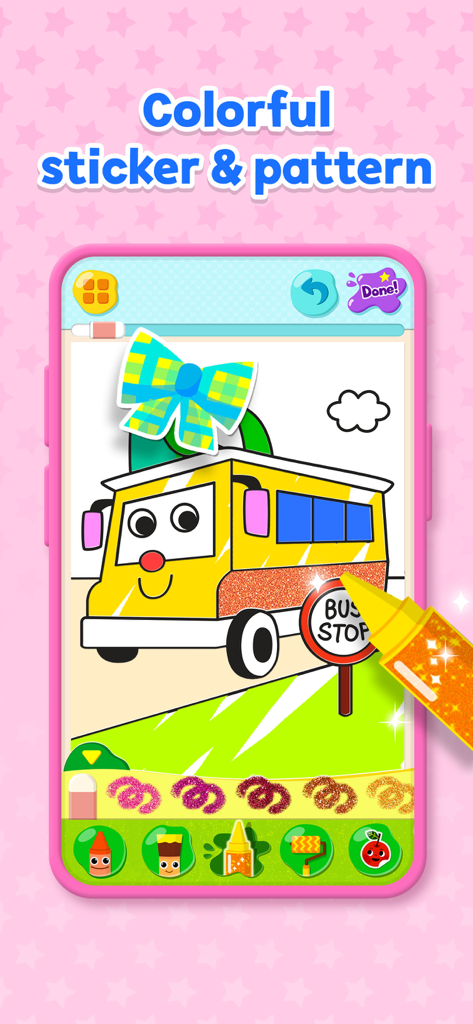 Pinkfong Coloring Fun - Un niño coloreando un autobús amarillo con crayones de brillantina y pegatinas en la aplicación Pinkfong Coloring Fun.