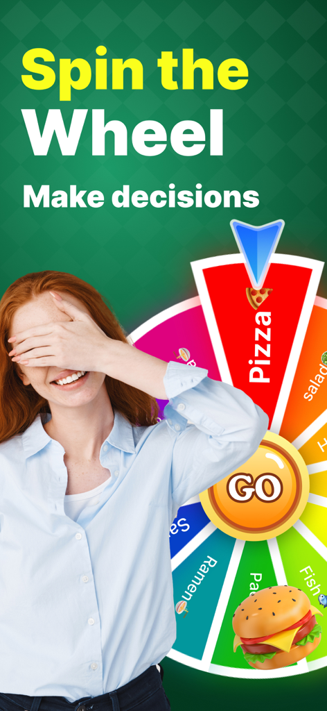 GK Decision Wheel - A smiling woman with her eyes covered standing next to a spinning decision wheel for picking food