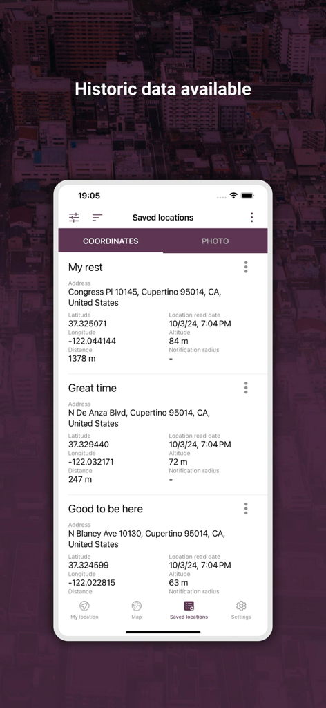 My GPS Locationアプリに保存された位置情報のリストに、詳細な座標、住所、高度が表示されています。