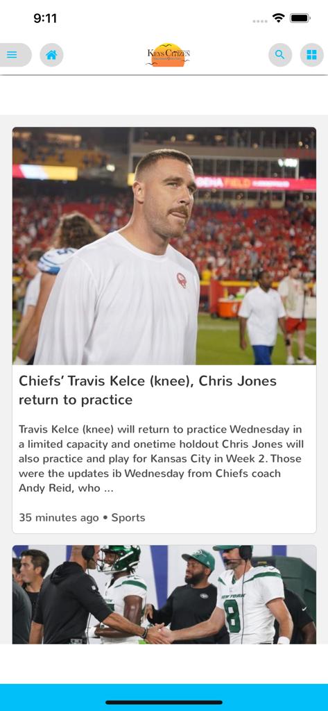Keys Citizen - A screenshot of the Keys Citizen news app displaying sports articles and headlines.
