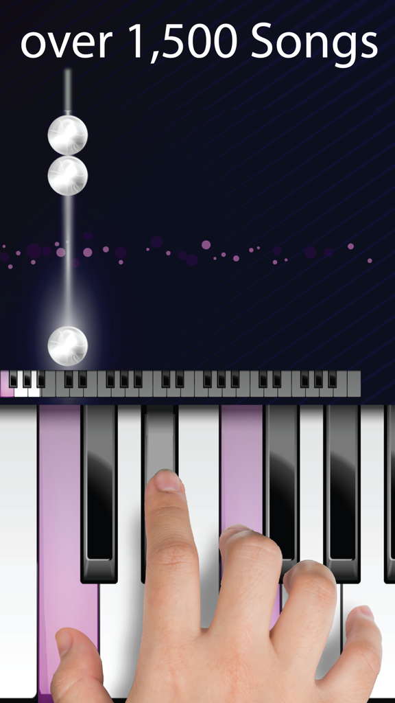 Piano With Songs- Learn to Play Piano Keyboard App - Una mano che suona una tastiera di pianoforte virtuale su un'app mobile con note che cadono e oltre 1.500 canzoni