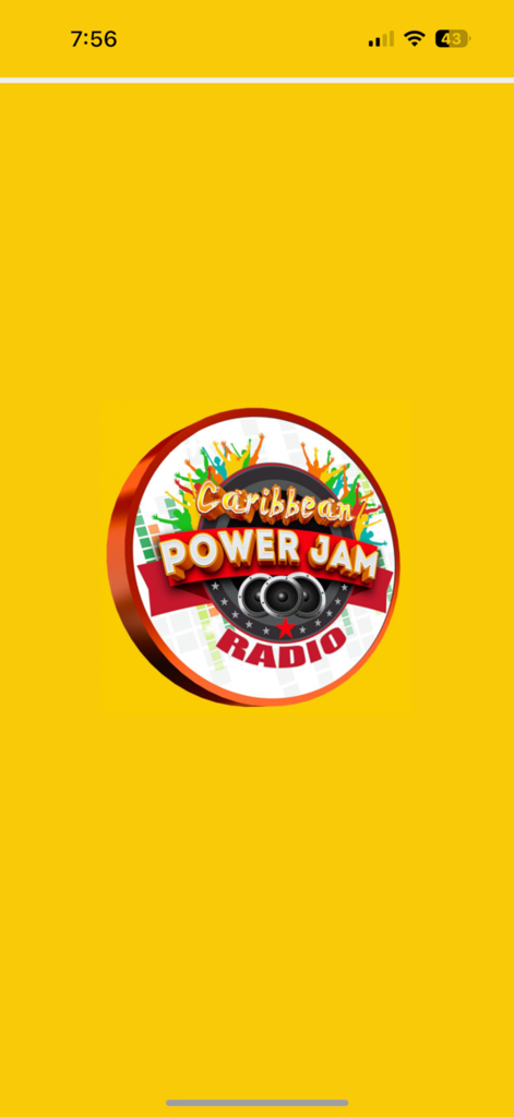 Caribbean Power Jam Radio - Caribbean Power Jam Radio app splash screen featuring a circular logo with speakers and silhouettes on a yellow background