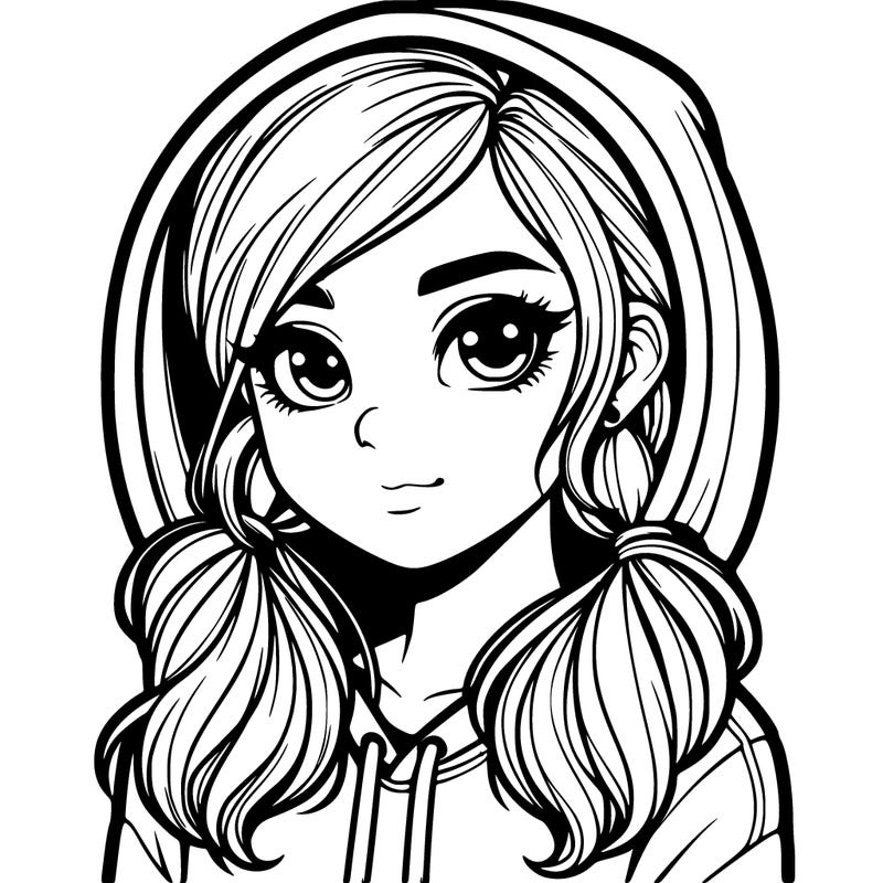 realistic girl wearing a hoodie and low pigtails
