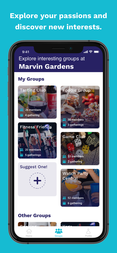 Cobu - Power Genuine Community - Pantalla de la aplicación Cobu mostrando grupos de interés de residentes como Amigos del Fitness y Grupo Foodie