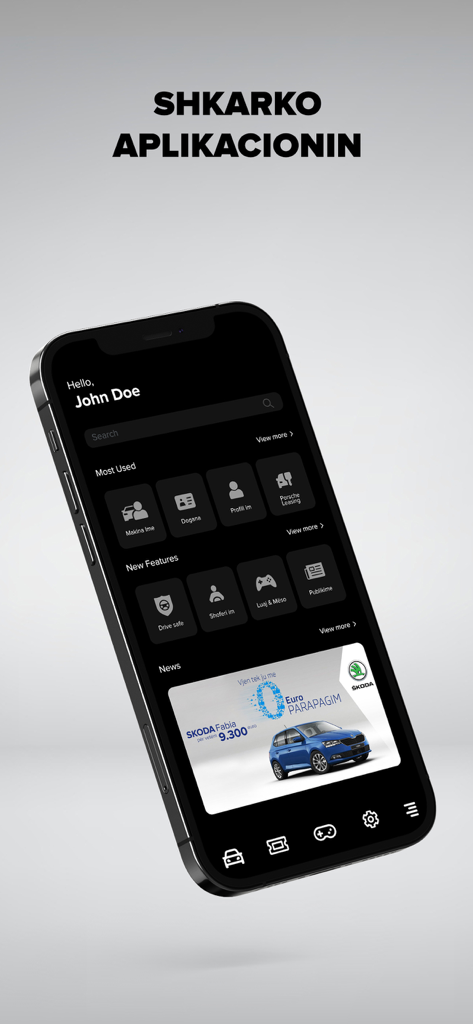 Makina Ime - La pantalla de inicio de la aplicación móvil Makina Ime con una interfaz de usuario oscura que incluye herramientas de gestión de vehículos y noticias.
