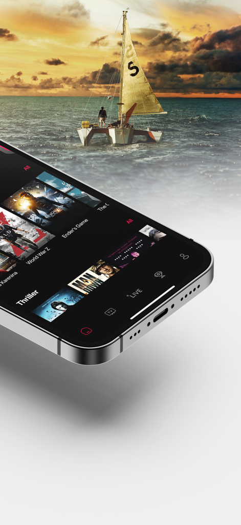 Fast TV app interface showing a movie and video on demand catalog on a mobile phone