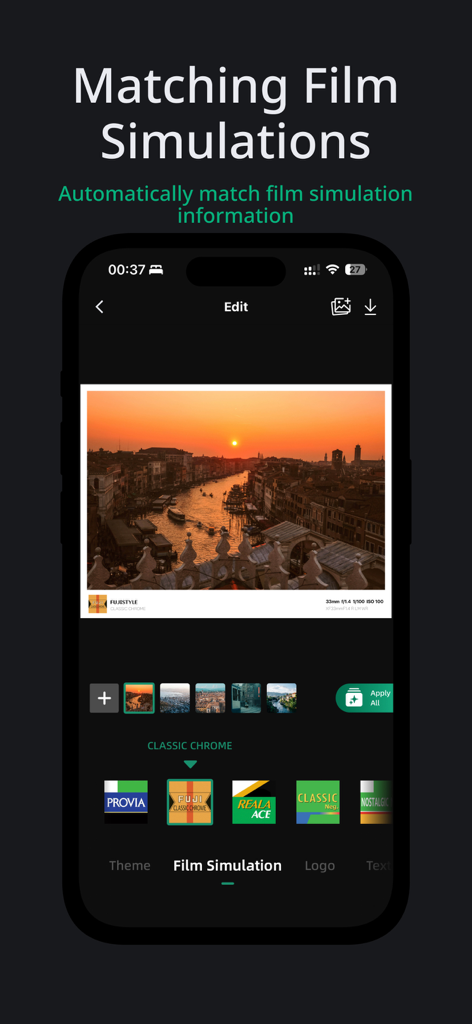 FujiStyle - Film Recipes Frame - Smartphone screen showing the FujiStyle app matching film simulations for a sunset photo with various film stocks like Classic Chrome and Provia below.