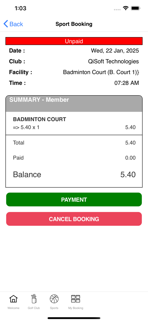 QiSoft Golf app sport booking summary screen showing badminton court details and payment options