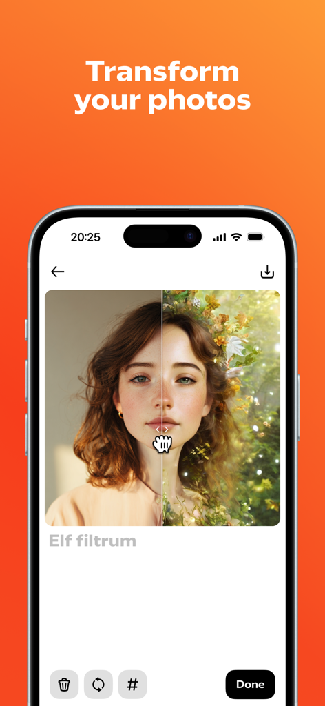 Shedevrum - Uma tela dividida mostrando um retrato antes e depois de aplicar um filtro de elfo com IA no aplicativo Shedevrum.