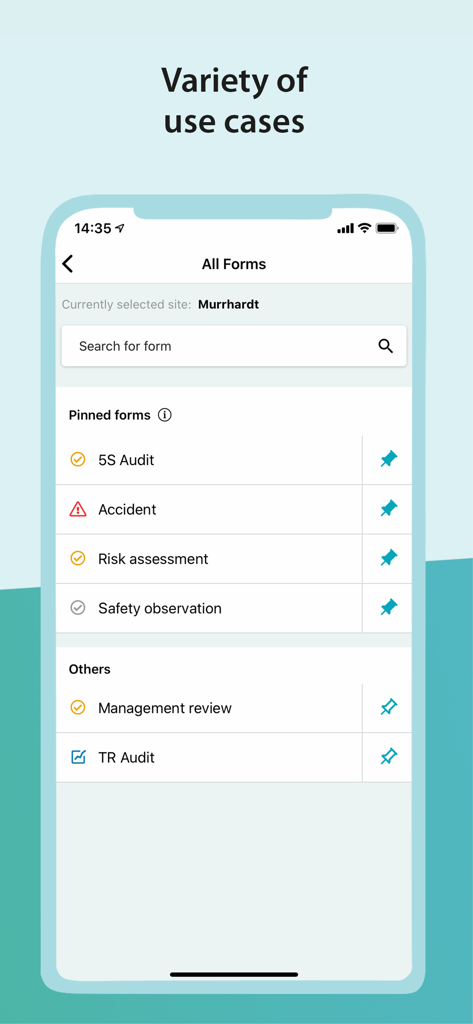 Oberfläche der Quentic-App mit einer Vielzahl von HSEQ-Formularen für Sicherheitsaudits und Unfallberichte