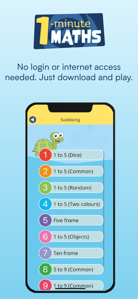 1-Minute Maths - Subitising level selection screen in the 1-Minute Maths app featuring a friendly turtle mascot