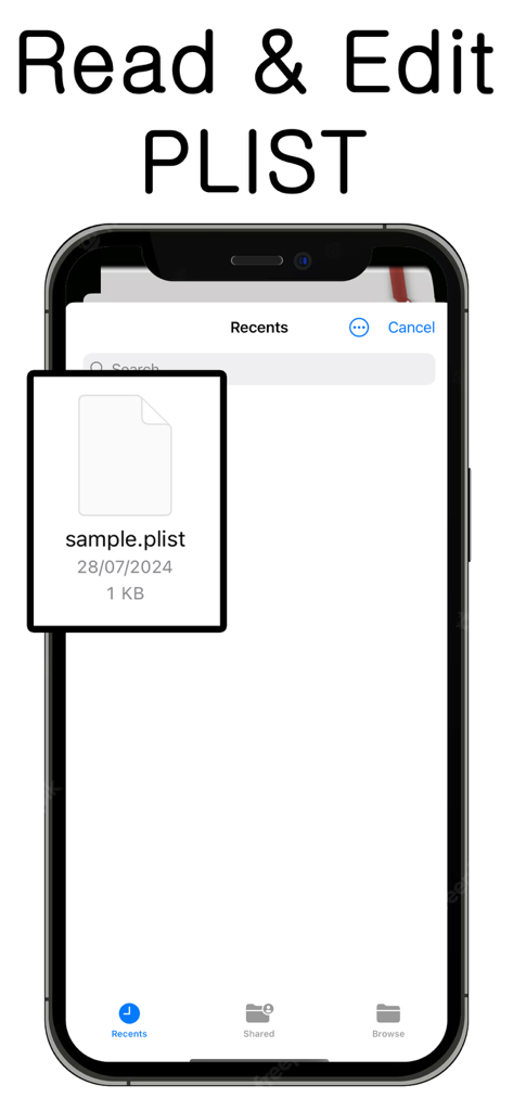 iPhone interface showing a recent sample plist file in the PLIST Editor Reader app