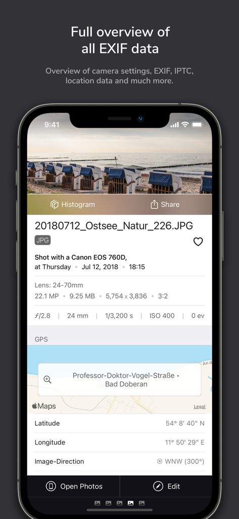ImagExif 2 - edit exif data - Ein Screenshot von ImagExif 2, der detaillierte Fotometadaten und GPS-Koordinaten anzeigt.