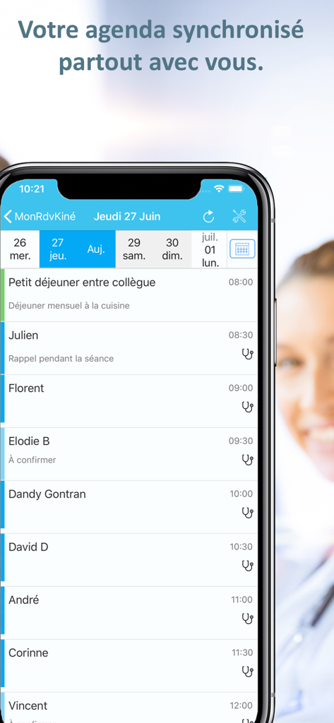 Mon Rdv Kiné - Praticien - Écran de smartphone montrant l'interface du calendrier quotidien synchronisé de l'application Mon Rdv Kiné pour kinésithérapeutes