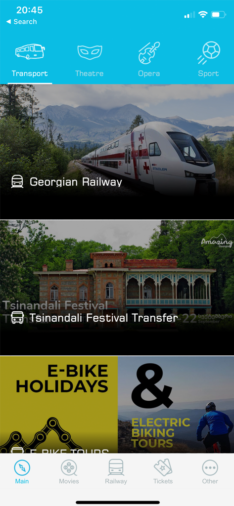 TKT.GE mobile app interface showing ticket categories for transport, theater, and sports in Georgia