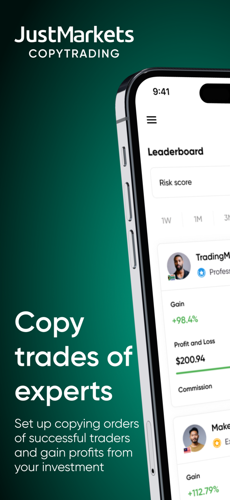 JustMarkets Copytrading - JustMarkets Copytrading mobile app interface displaying a leaderboard of professional traders with performance metrics