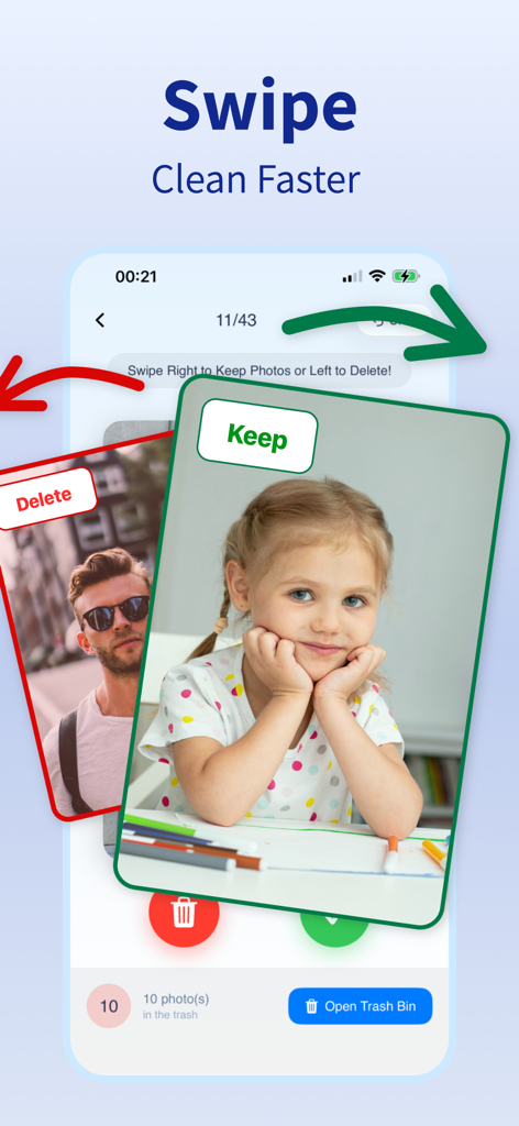 Cleaner AI: Clean Up Storage - Interfaz de usuario que muestra la función de deslizar a la izquierda para eliminar o a la derecha para conservar fotos