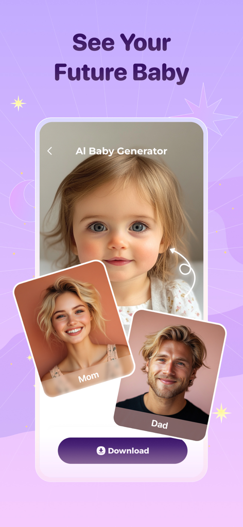KissLifeアプリのインターフェース、AIベビー生成機能が表示され、両親の写真と予測された将来の赤ちゃんが表示されています。