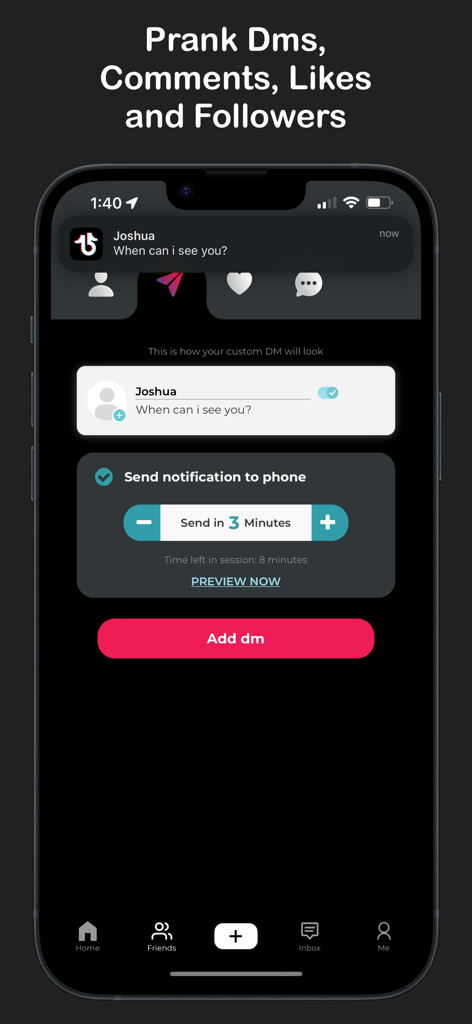 Hype Simulator app interface for creating a fake direct message prank notification