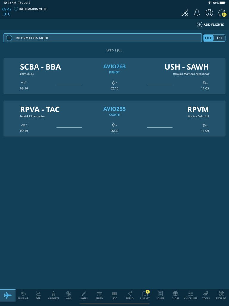 AvioBook Flight - AvioBook Flight app dashboard showing scheduled routes and departure times for professional pilots