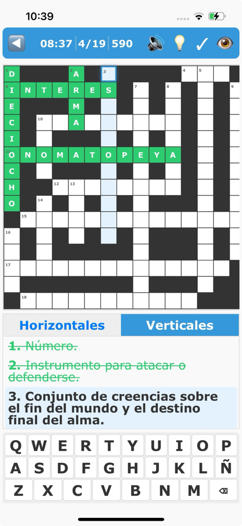 Crucigrama en Español - Pantalla móvil mostrando un crucigrama en español con pistas y teclado