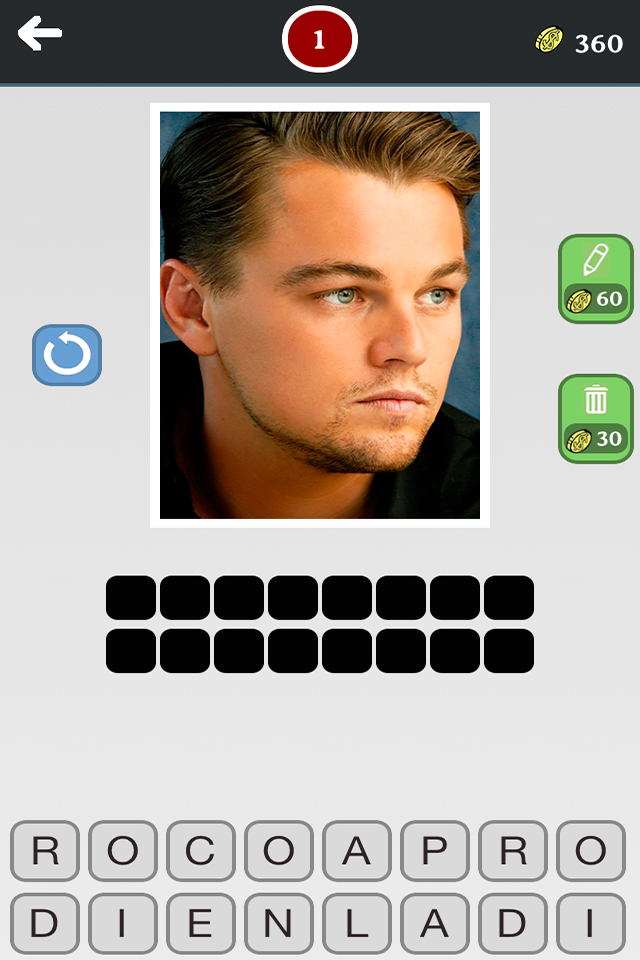 Actor Quiz - Whats the movie celebrity, new fun puzzle - Gameplay screenshot of Actor Quiz featuring a photo of Leonardo DiCaprio
