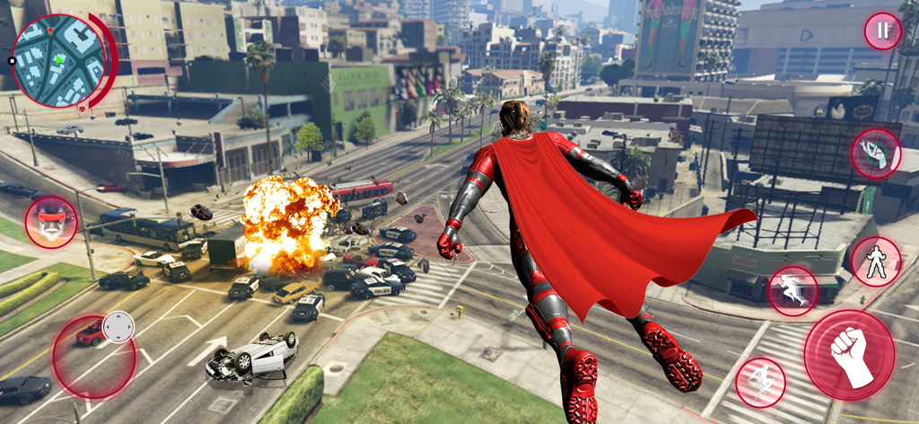 Grand Superhero Spider League - A superhero with a red cape flying over a city street during a large explosion with police cars below.
