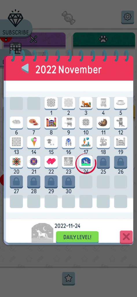 Pixelicious - Number Coloring - Daily level calendar view in Pixelicious app showing various pixel art icons for coloring