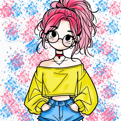 girl with a messy ponytail glasses a baggy crop top and jean shorts