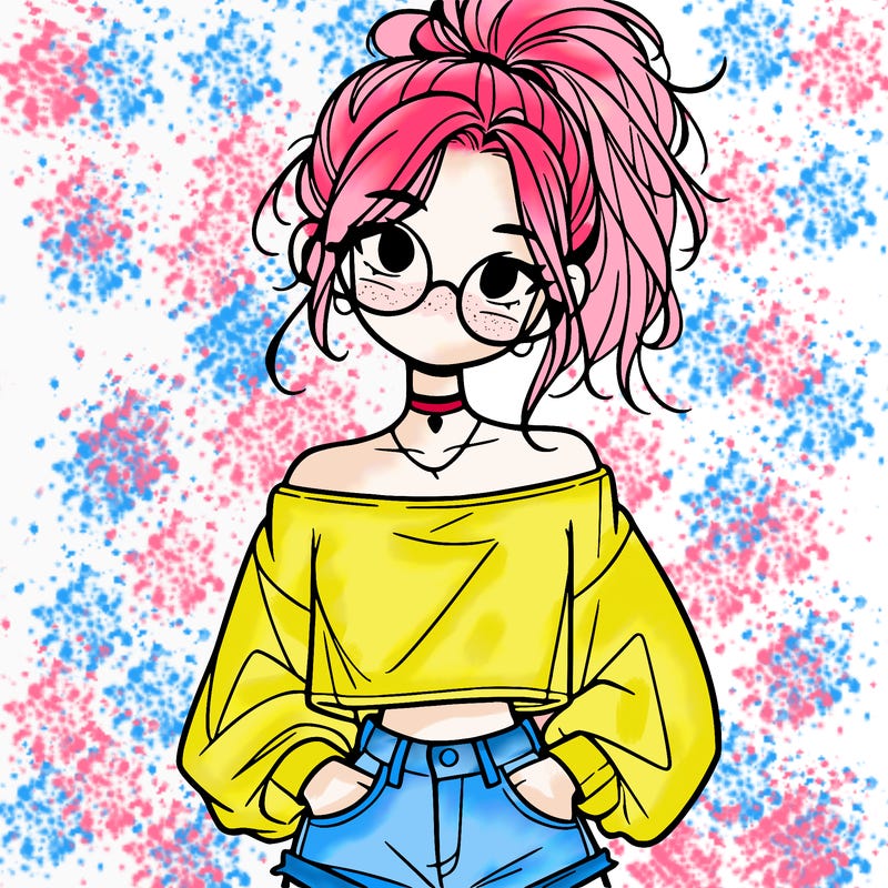 girl with a messy ponytail glasses a baggy crop top and jean shorts