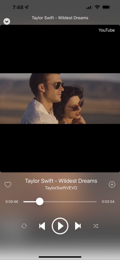 Music Video Player Musca - A screenshot of the Musca app playing a music video with playback controls and a video preview window.