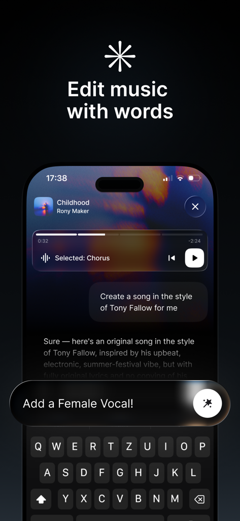 Mozart AI: AI Music Studio - Interfaz de la aplicación Mozart AI mostrando cómo editar y refinar música usando indicaciones de texto